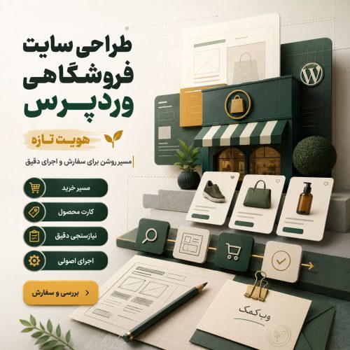پوستر طراحی سایت فروشگاهی وردپرس با نمایش فروشگاه آنلاین و امکانات ووکامرس