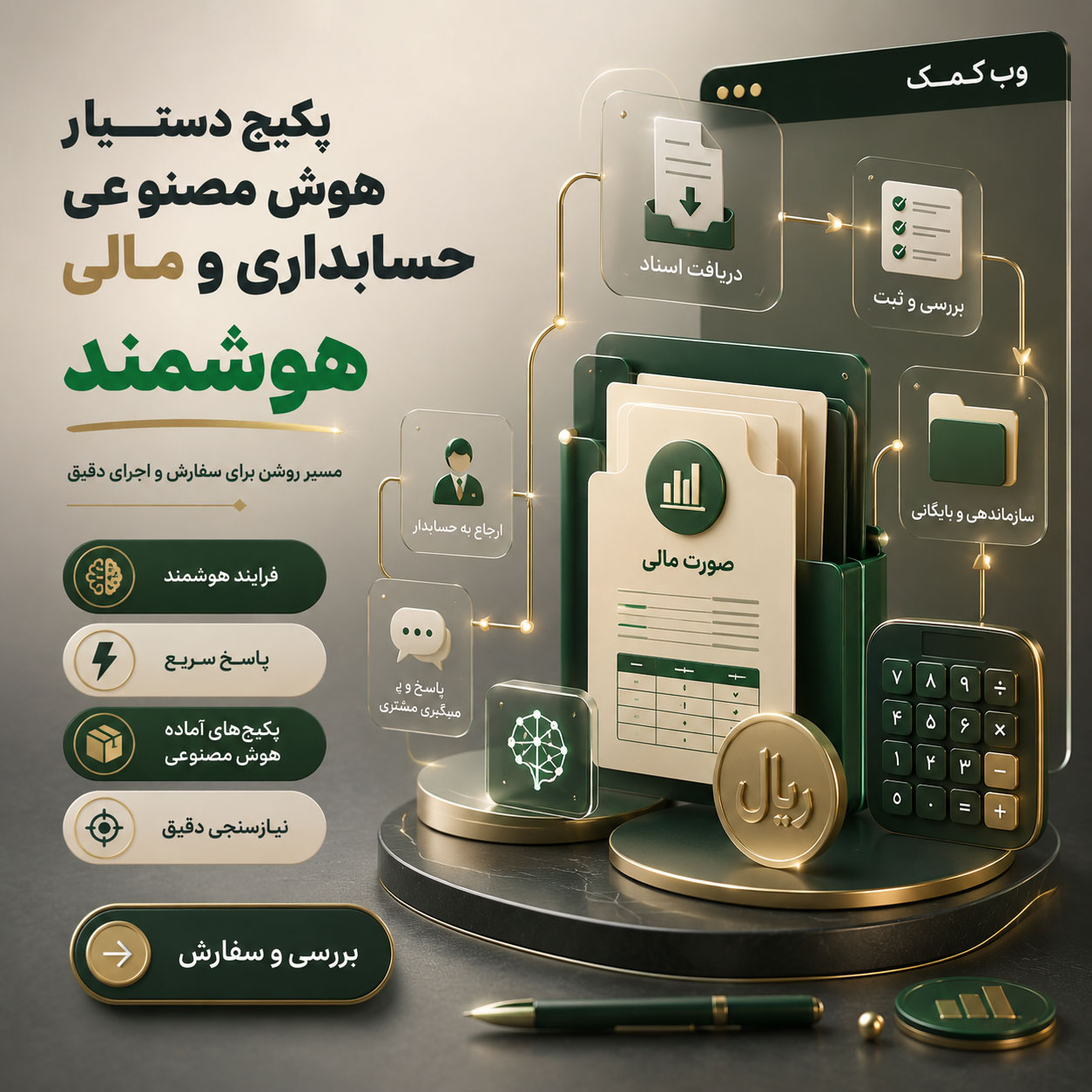 تصویر پکیج دستیار هوش مصنوعی حسابداری و مالی برای دریافت مدارک، پاسخ اداری و ارجاع به کارشناس مالی.