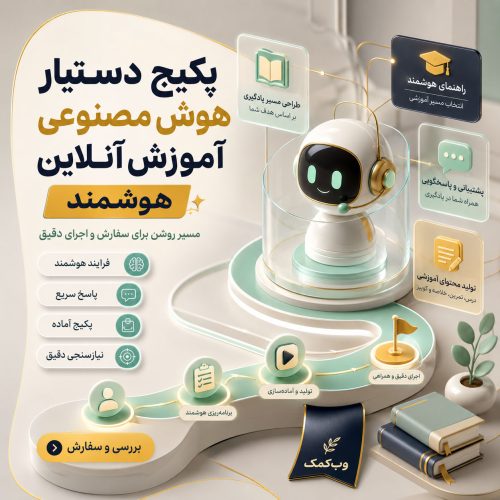 تصویر پکیج دستیار هوش مصنوعی آموزش آنلاین برای راهنمای دوره، پاسخ آموزشی و هدایت کاربر به ثبتنام.