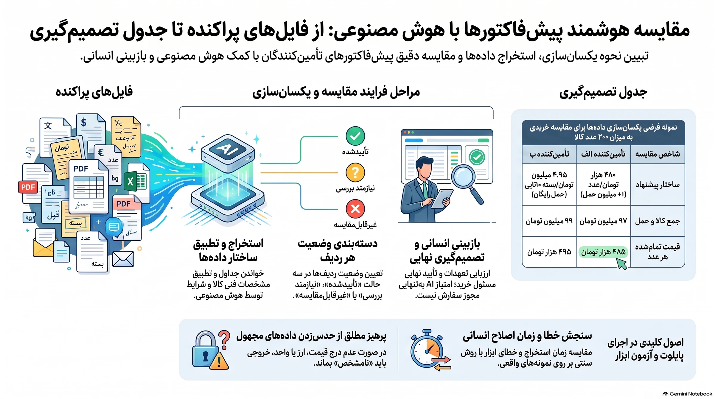 اینفوگرافی مراحل مقایسه پیشفاکتورها با هوش مصنوعی؛ یکسانسازی دادهها، بررسی ابهامها، بازبینی انسانی و مثال فرضی قیمت هر عدد