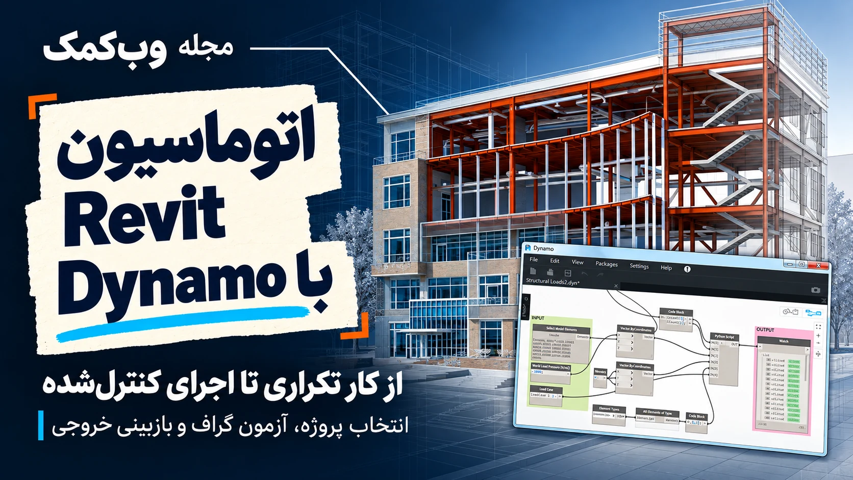 کاور مجله وبکمک؛ اتوماسیون Revit با Dynamo، از کار تکراری تا اجرای کنترلشده، با مدل سازه ساختمان و گراف داینامو